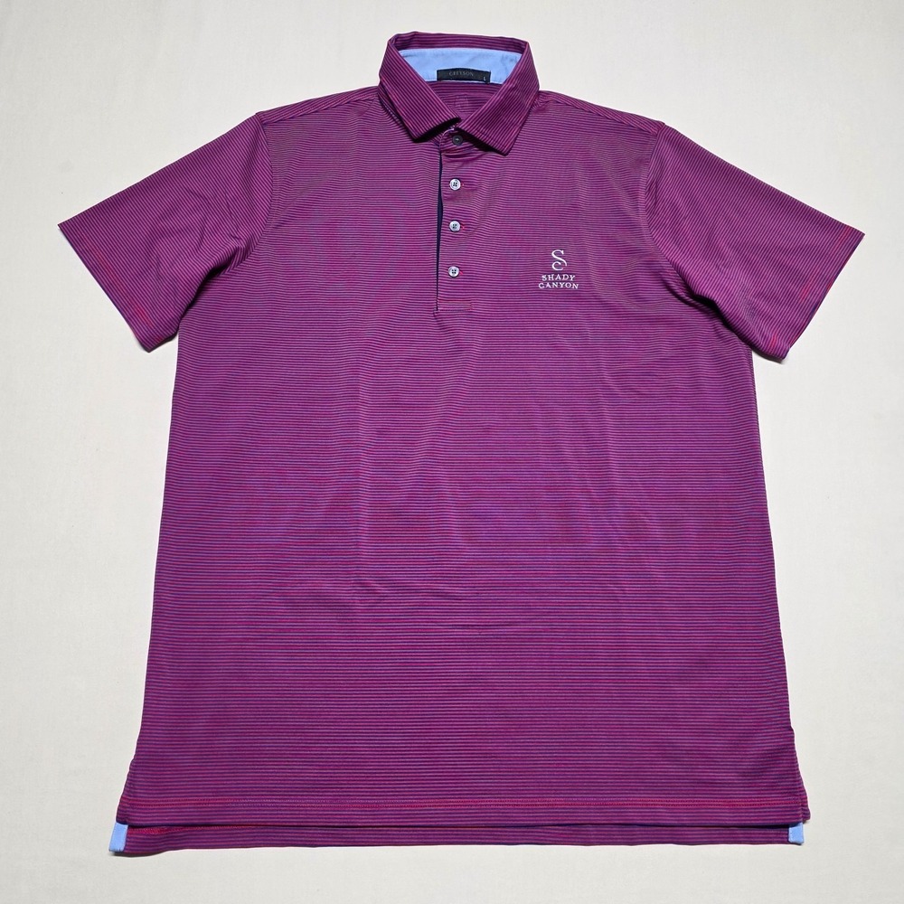 Greyson Men Large Red/Navy Striped Polo Shirt Short Sleeve Pullover Stretch Reg